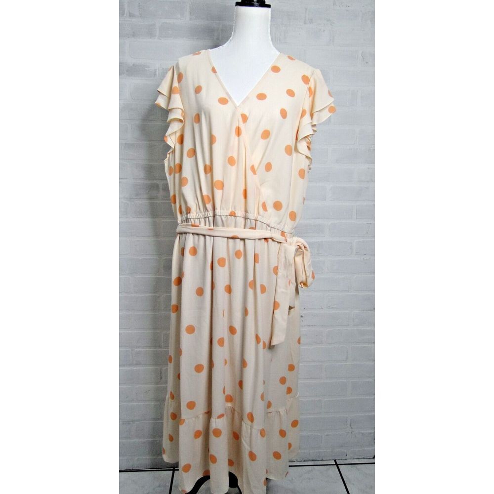 LC‎ Lauren Conrad 2X White With Pink Polka Dot Ruffle Faux Wrap Mid Dress NWT